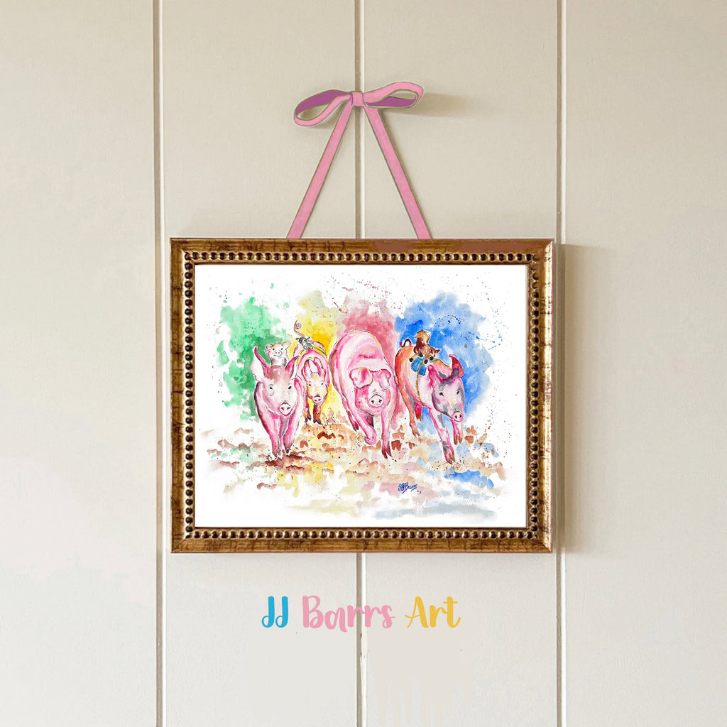 The pig race! By JJ Barrs using colourful watercolour l fine art Painting Prints image 1