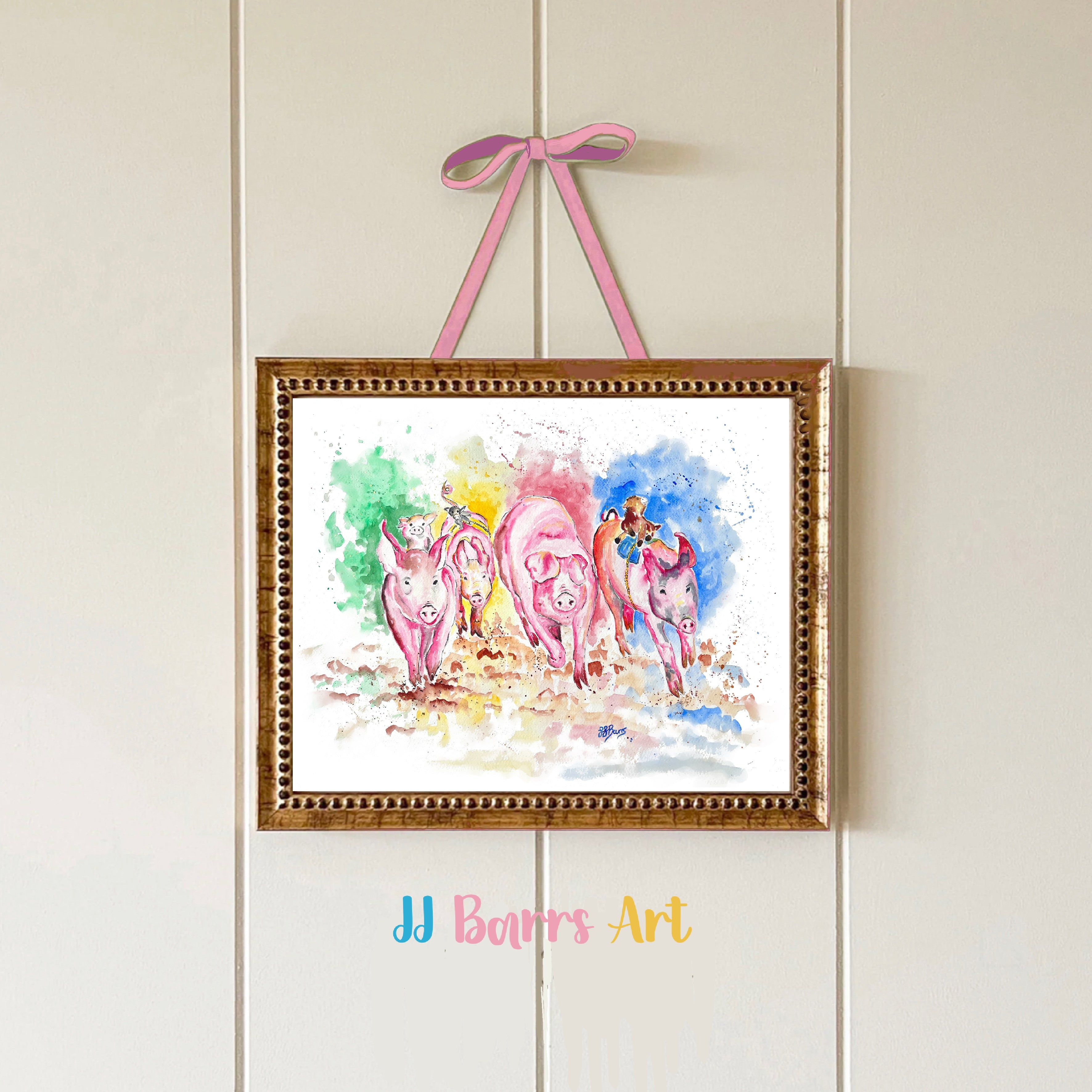 The pig race! By JJ Barrs using colourful watercolour l fine art Painting Prints image 1