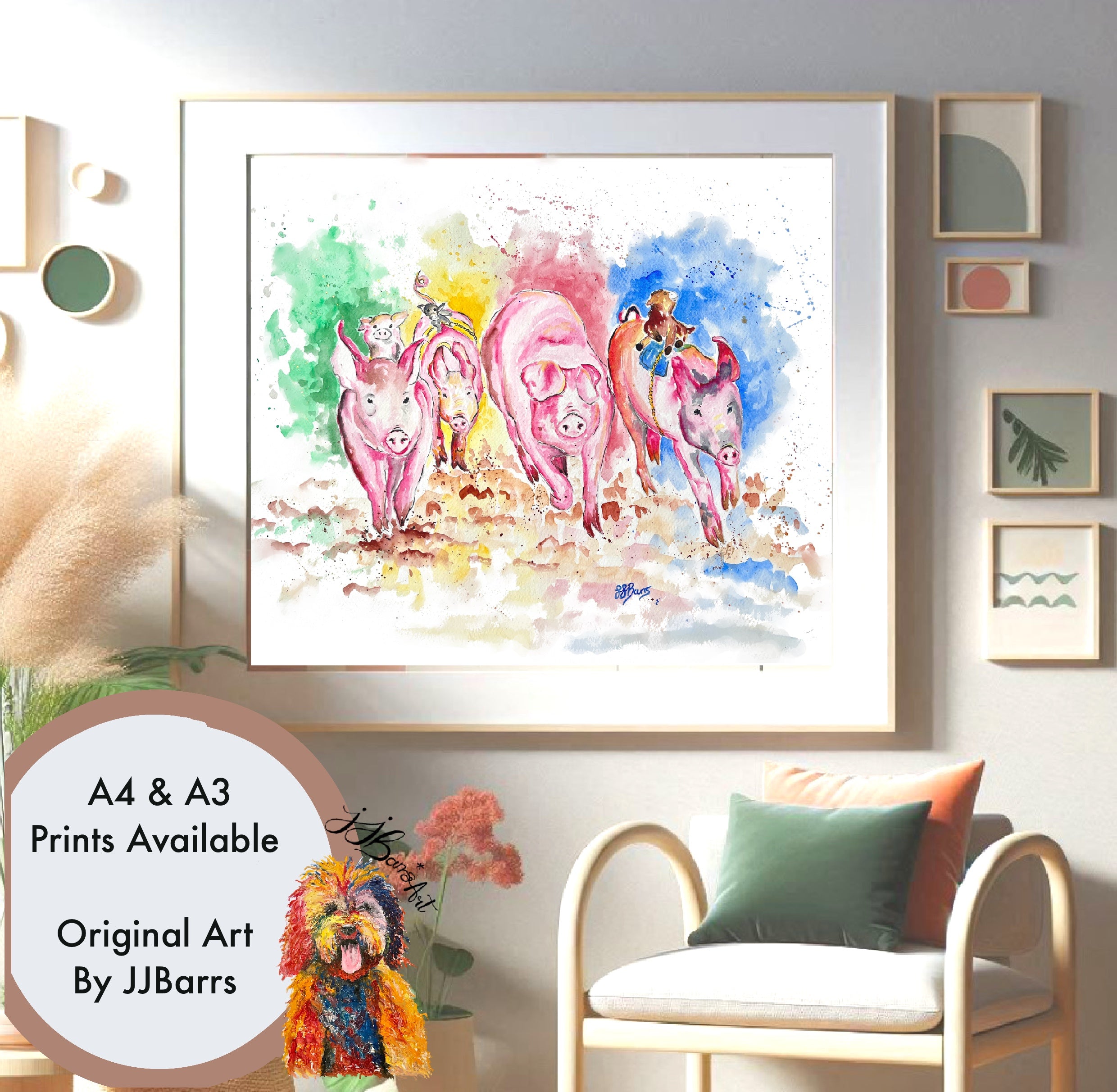 The pig race! By JJ Barrs using colourful watercolour l fine art Painting Prints image 3