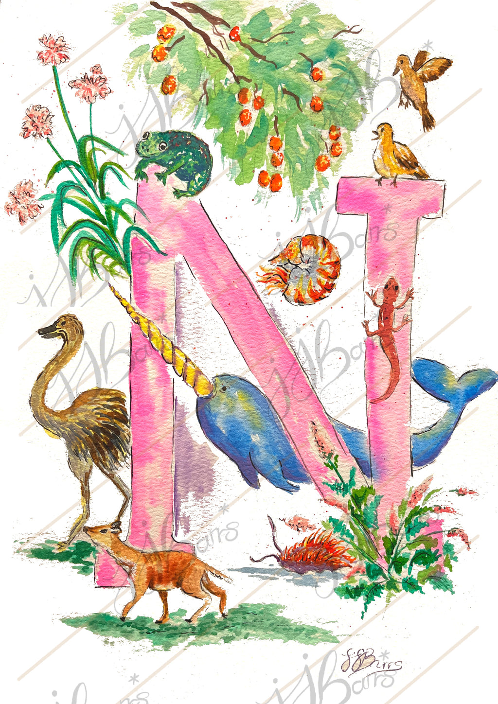 *N* A4/A3 Custom Name And Letter, Watercolour Art Print image 3