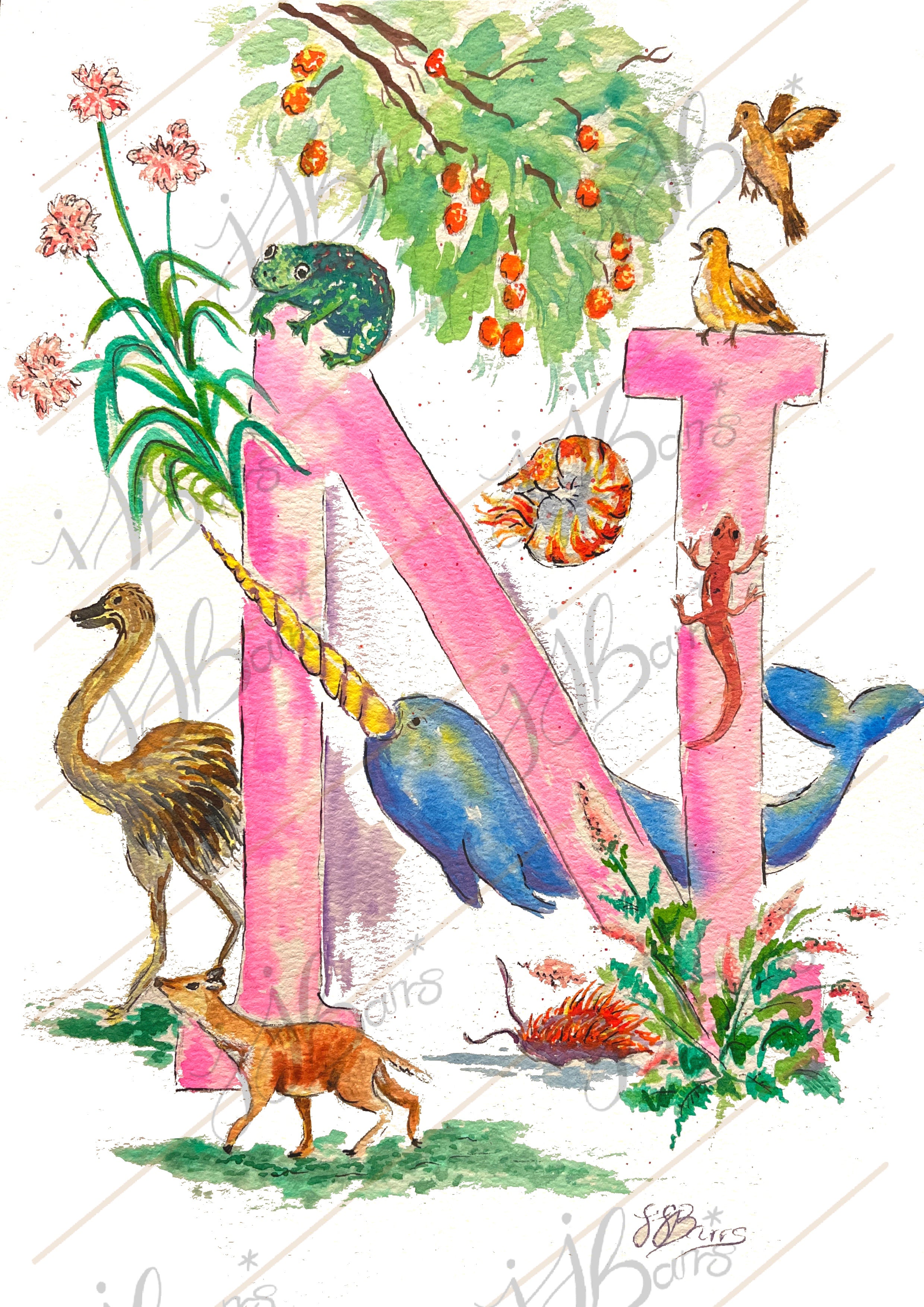 *N* A4/A3 Custom Name And Letter, Watercolour Art Print image 3