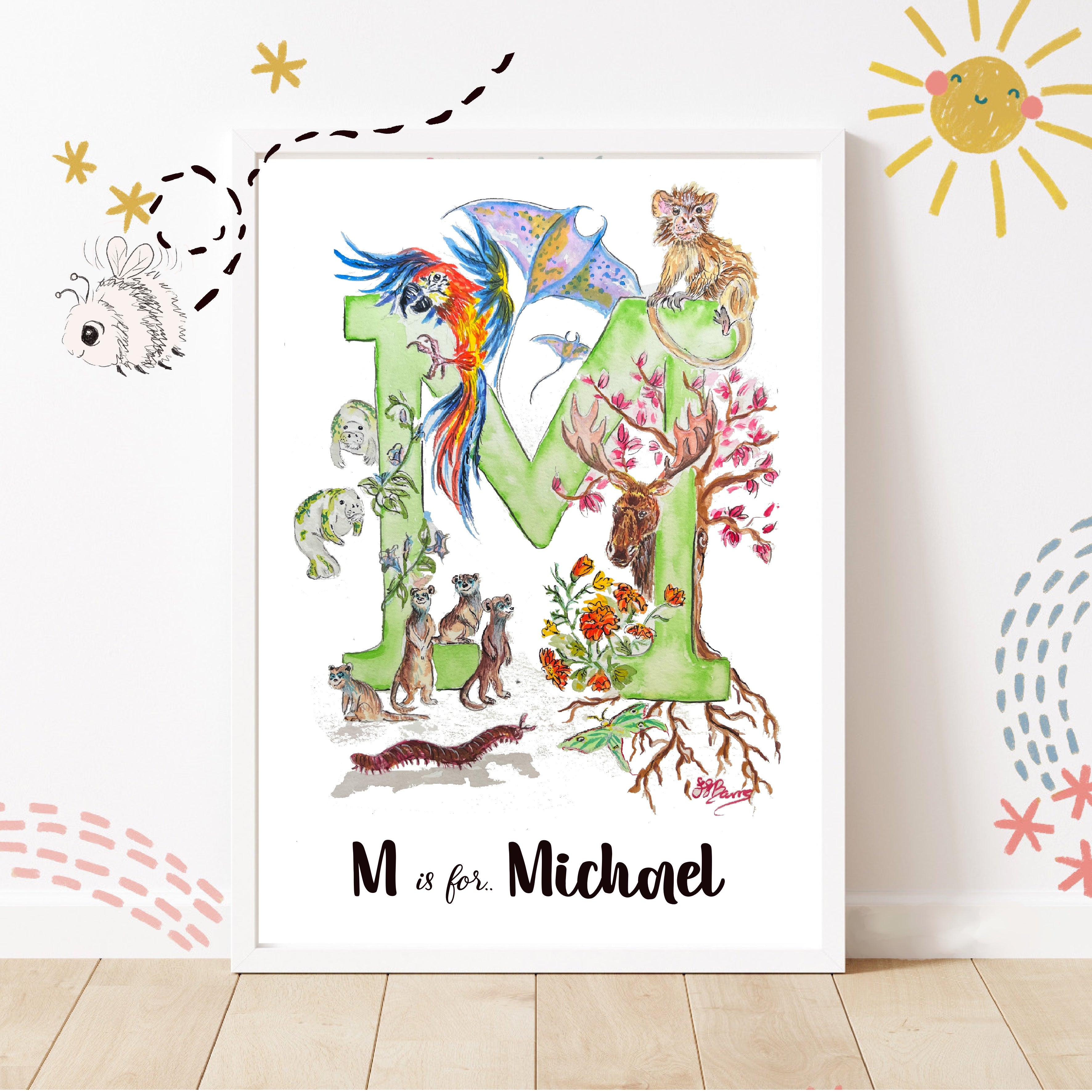 *M* A4/A3 Custom Name And Letter, Watercolour Art Print image 0