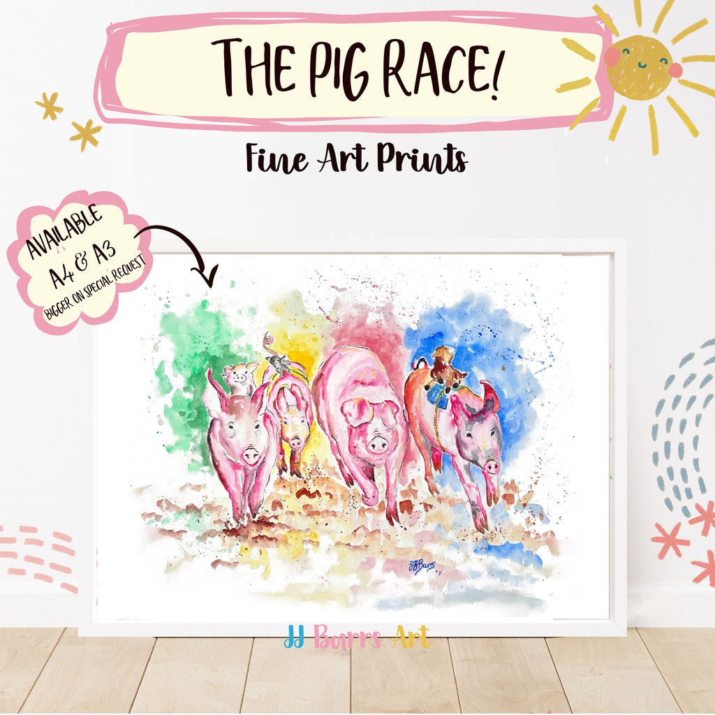 The pig race! By JJ Barrs using colourful watercolour l fine art Painting Prints image 0