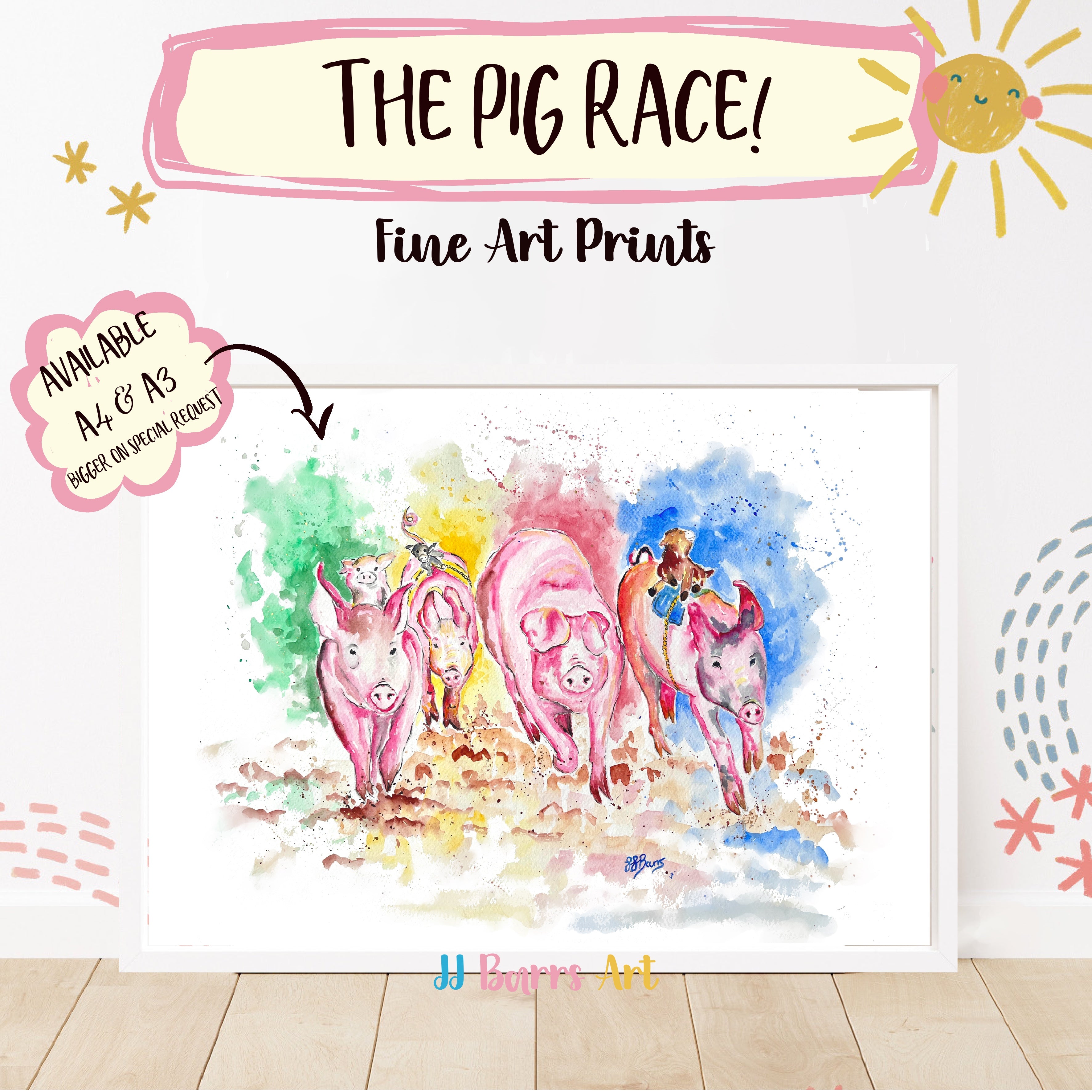 The pig race! By JJ Barrs using colourful watercolour l fine art Painting Prints image 0